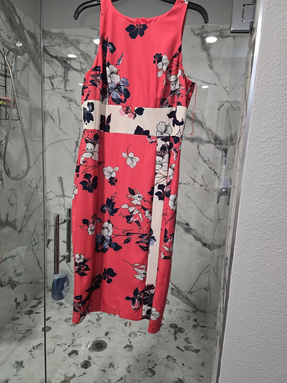 Women’s Coral Floral Sleeveless Midi Dress with Cream Waistband